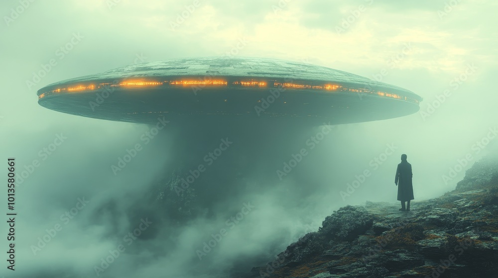 A man stands on a rocky hillside in front of a large, glowing, alien-like object A man stands on a rocky hillside in front of a large, glowing, alien-like object