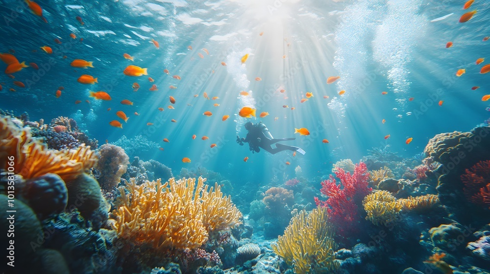 Fototapeta premium A scuba diver explores a vibrant coral reef, surrounded by colorful tropical fish and bright sunbeams penetrating the crystal-clear turquoise water, illustrating an underwater paradise.