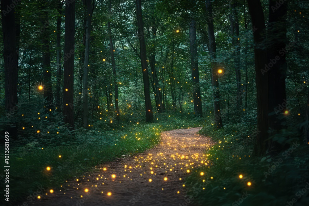 A haunted forest path with glowing fireflies. A haunted forest path with glowing fireflies.