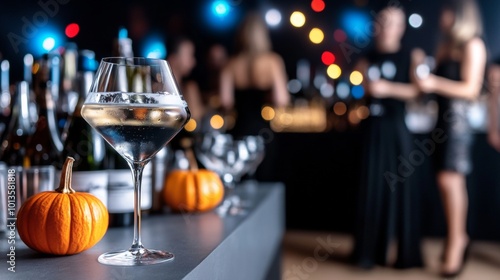 Halloween cocktail party at a chic American rooftop bar glowing pumpkin centerpieces