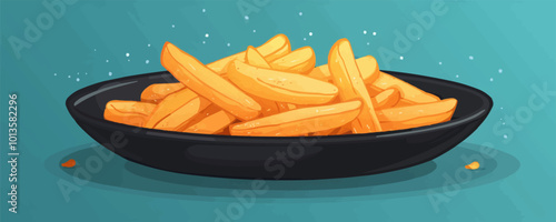 A plate of french fries is shown on a blue background. The fries are cut into thin strips and are piled on top of each other. The image has a casual and relaxed mood