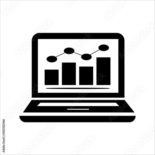 Black single data analysis on monitor line icon, simple financial dashboard admin flat design vector pictogram infographic interface element for web ui ux button app logo isolated on white background