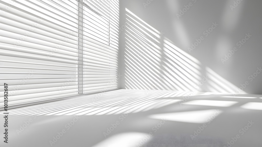 Obraz premium White Venetian blinds filter soft light, casting geometric shadow patterns on a wall, creating a serene ambiance in a minimalist interior characterized by clean lines and tranquil mood.