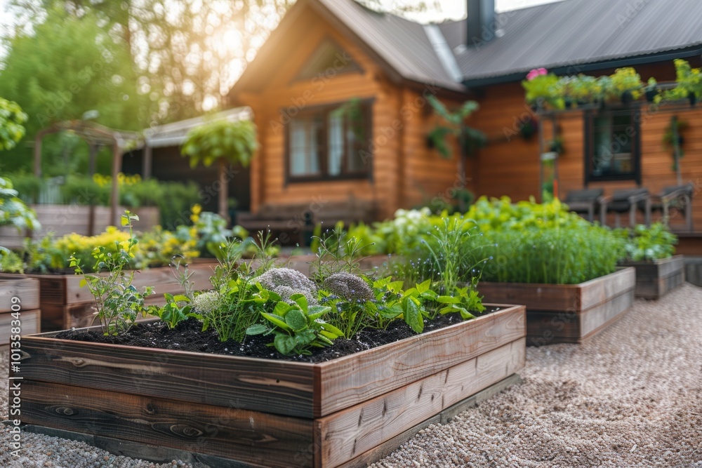 Wooden raised garden beds with herbs and flowers in a rustic backyard. Outdoor landscape design for home gardening and sustainable living. Generative AI Wooden raised garden beds with herbs and flowers in a rustic backyard. Outdoor landscape design for home gardening and sustainable living. Generative AI