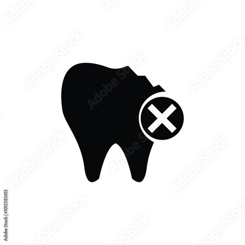 Broken chipped tooth icon. With a cross X. toothache. Dental care, dentistry, dental health concept.