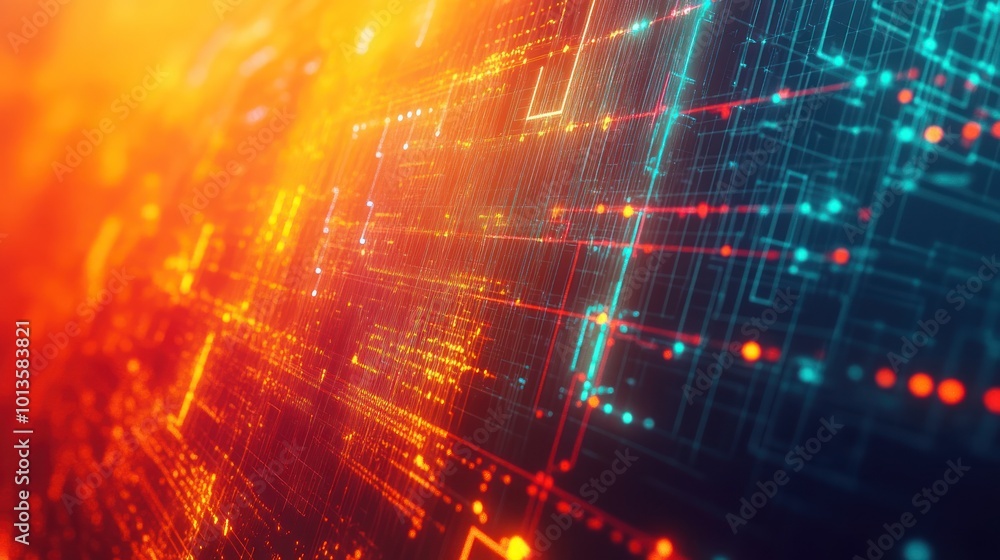 Abstract digital circuit design with glowing lines and nodes. Abstract digital circuit design with glowing lines and nodes.