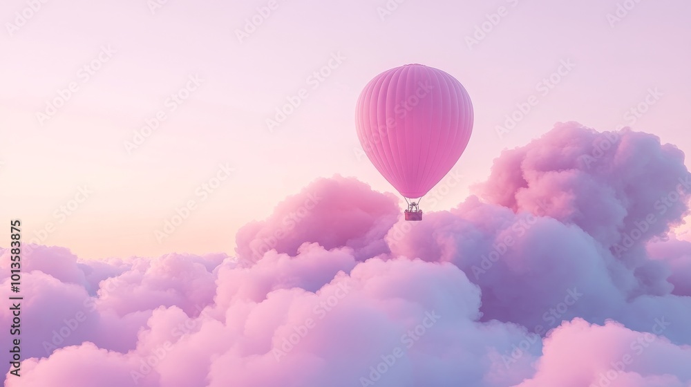 Fototapeta premium Hot air balloon in pink sky with clouds, dreamy atmosphere. Adventure and exploration concept