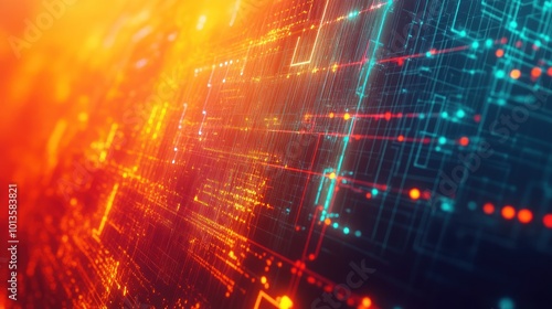 Abstract digital circuit design with glowing lines and nodes.