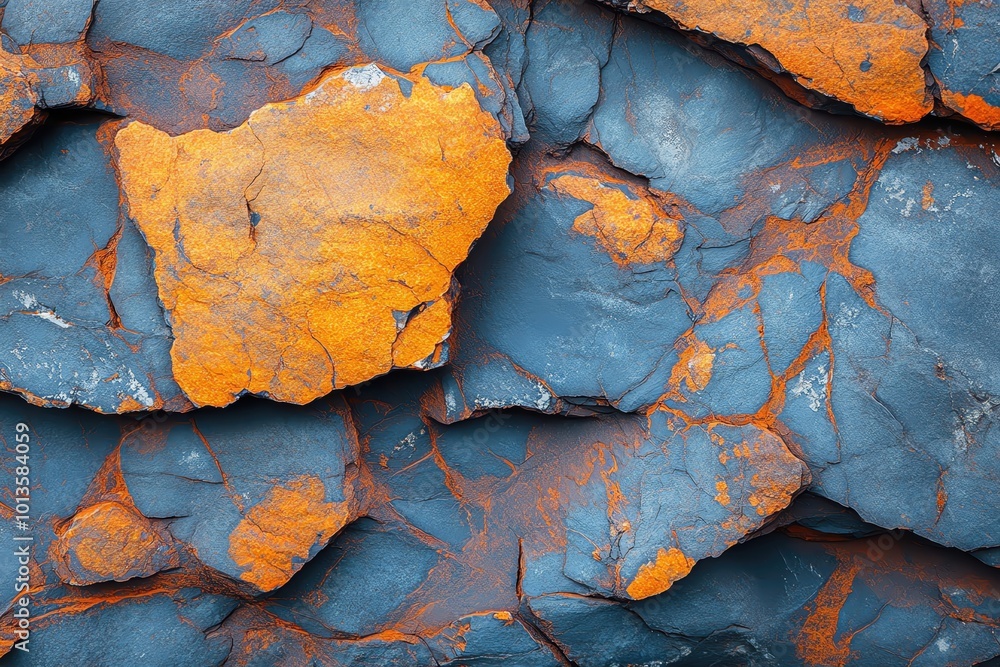 Fototapeta premium Vibrant geological formations showcasing contrasting orange and blue hues, perfect for nature and texture backgrounds.