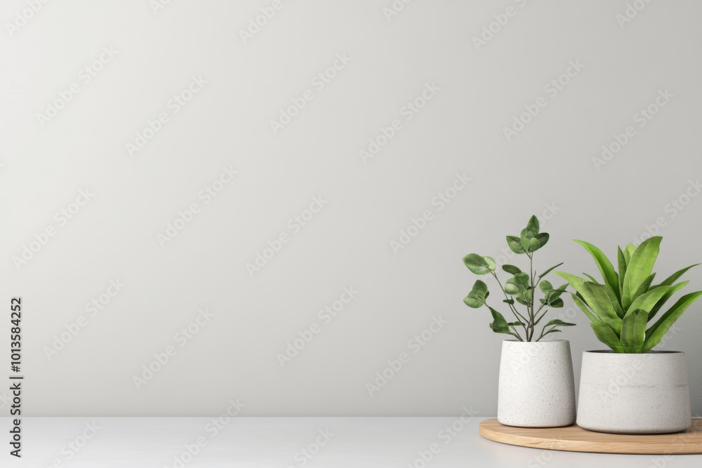 Empty wooden table counter background mockup design for product presentation. Bright wood top desk tabletop and two potted plants near white wall background Empty wooden table counter background mockup design for product presentation. Bright wood top desk tabletop and two potted plants near white wall background
