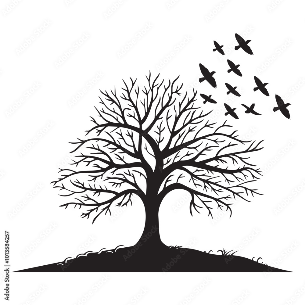 Fototapeta premium Tree with birds flying in the sky silhouette design