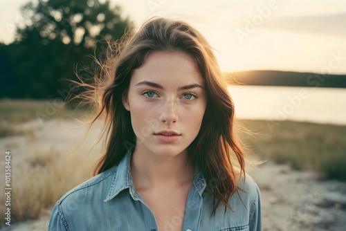 Portrait of a beautiful natural brunette woman with blue eyes and brown hair, in a soft outdoor light at sunset