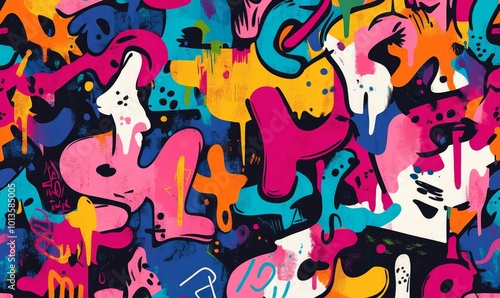 Seamless background featuring a colorful abstract graffiti art pattern, with a mix of spray paint splatters, street style doodles, and urban artistic, Generative AI