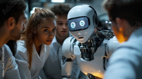 Multiethnic Team of Males and Females Discussing Ideas in Technological Startup Lab. Group of International Students Listening to Their Female Robotics Professor While She Explains AI Robot