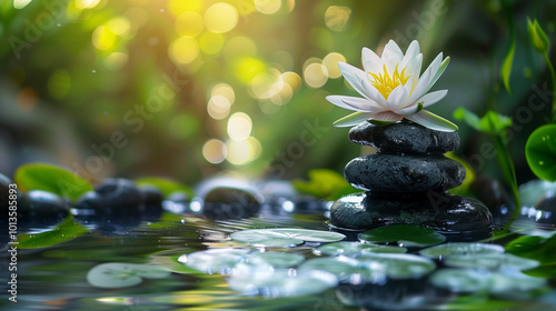 A stone pyramid is on top of a rock in a pond