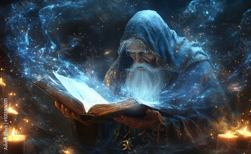 Mystical ancient wizard conjuring blue magical energy from an arcane tome in a dark design, gothic cathedral setting design, embodying fantasy and sorcery design, Enchanted Wizard Reading a Magical. photo