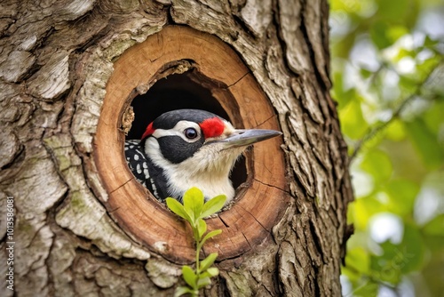 Woodpecker Nesting in a Tree Hollow During Spring