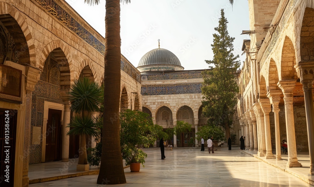 Fototapeta premium Courtyard with ornate arches and dome.