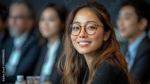 A woman smiling at a business meeting, surrounded by colleagues in a professional setting.