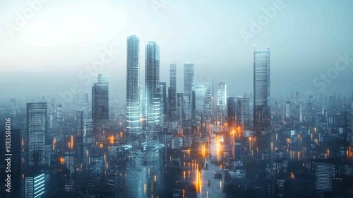 Futuristic cityscape with towering skyscrapers and glowing lights.