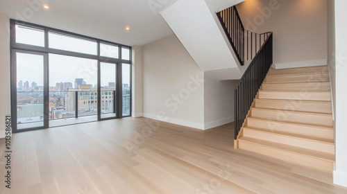 Modern interior of a stylish home with a staircase and large windows revealing a city view