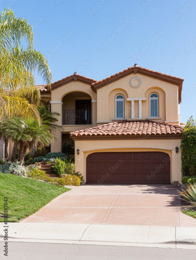 Elegant two-story house with Mediterranean architecture in a sunny neighborhood on a clear day Elegant two-story house with Mediterranean architecture in a sunny neighborhood on a clear day