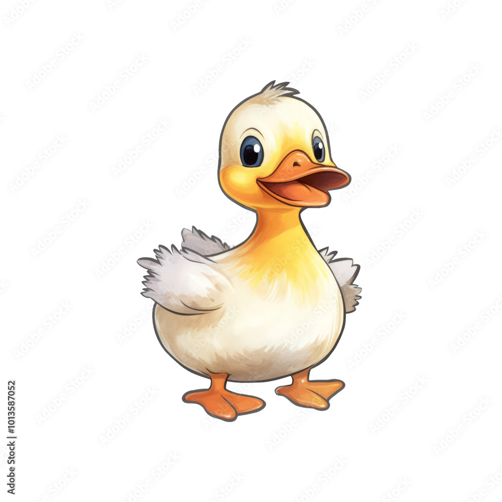 A smiling duckling with yellow feathers, blue eyes, and a waving wing. Perfect for children's books, educational materials. Generative AI A smiling duckling with yellow feathers, blue eyes, and a waving wing. Perfect for children's books, educational materials. Generative AI