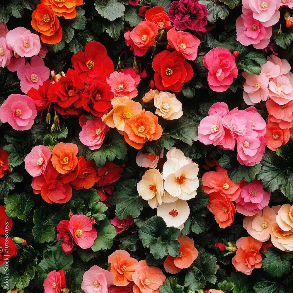 A colorful array of begonias in full bloom, showcasing vivid red, pink, and orange hues against a backdrop of rich green foliage A colorful array of begonias in full bloom, showcasing vivid red, pink, and orange hues against a backdrop of rich green foliage