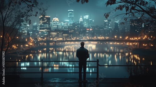 Wallpaper Mural Man Watching City Reflection at Night Torontodigital.ca