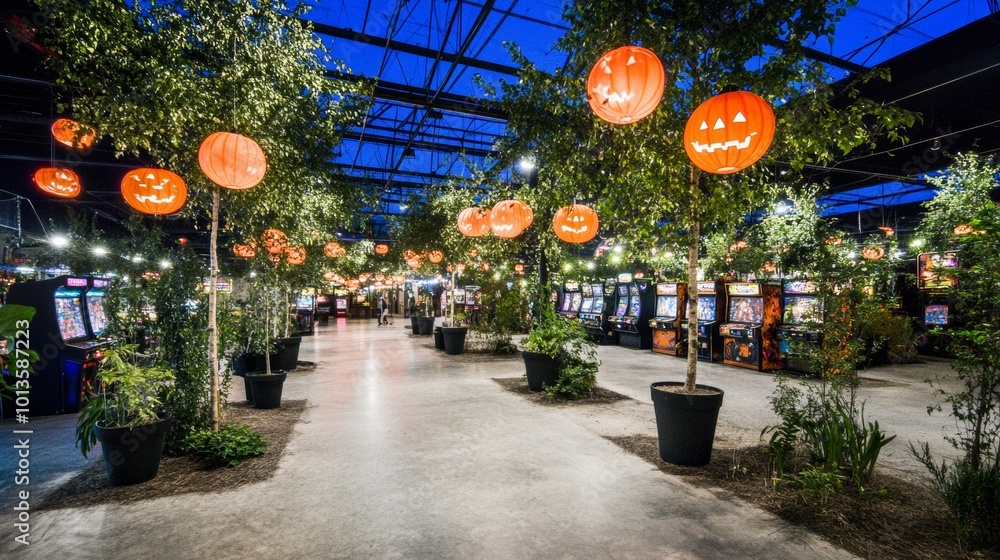 Neon-lit Halloween arcade glowing pumpkin decorations Neon-lit Halloween arcade glowing pumpkin decorations