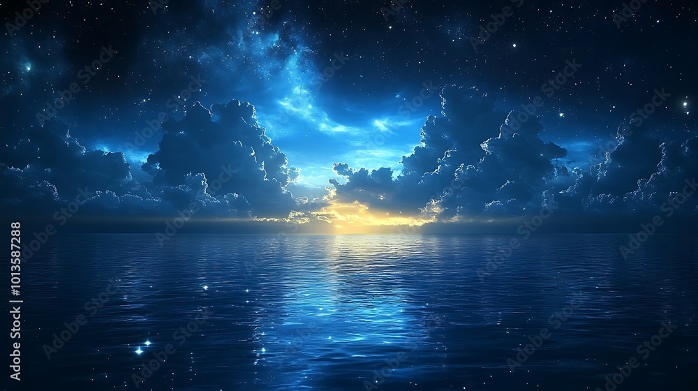 A starry night sky above a calm, reflective ocean. A starry night sky above a calm, reflective ocean.