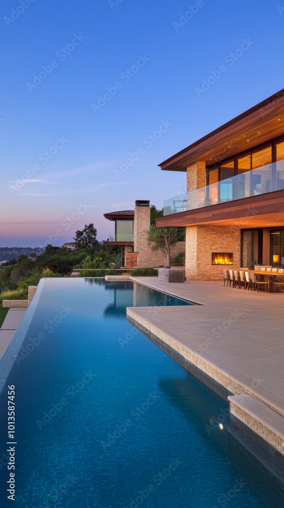 Obraz premium Modern luxury home with a pool at twilight overlooking serene landscape