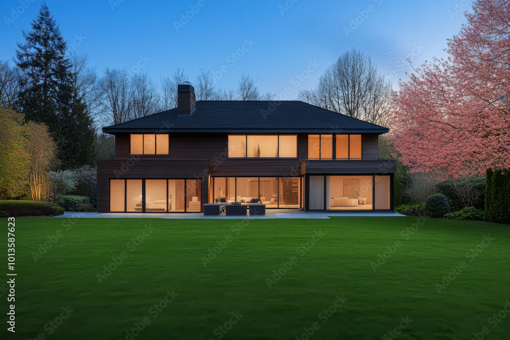 Modern family house in a serene garden setting during twilight with glowing windows Modern family house in a serene garden setting during twilight with glowing windows