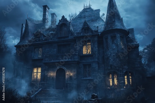 A haunted mansion with windows lit by ghostly lights. 