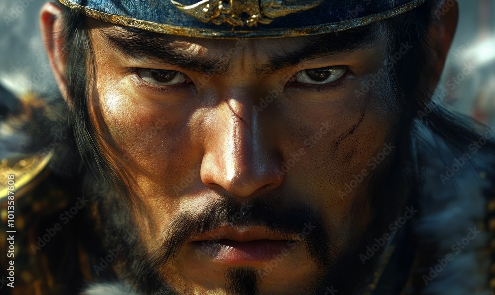 A close-up of a warrior's face. A close-up of a warrior's face.