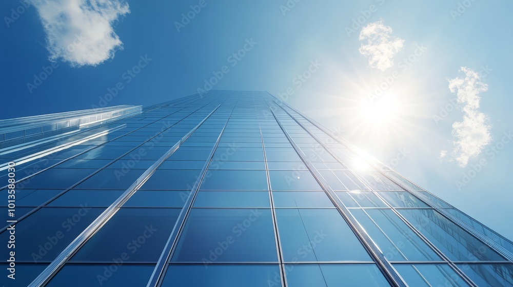 Skyscraper reaching towards a clear blue sky with sunlight. Skyscraper reaching towards a clear blue sky with sunlight.