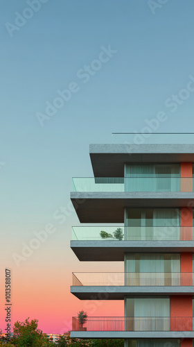 Modern architectural design of a multi-story building against a vibrant sunset sky