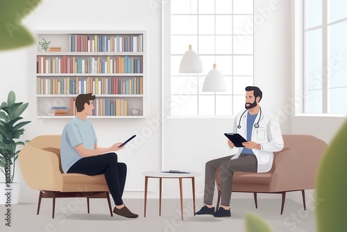 A healthcare professional shares important medical information with a patient in a well-lit, comfortable consultation space. Generative AI