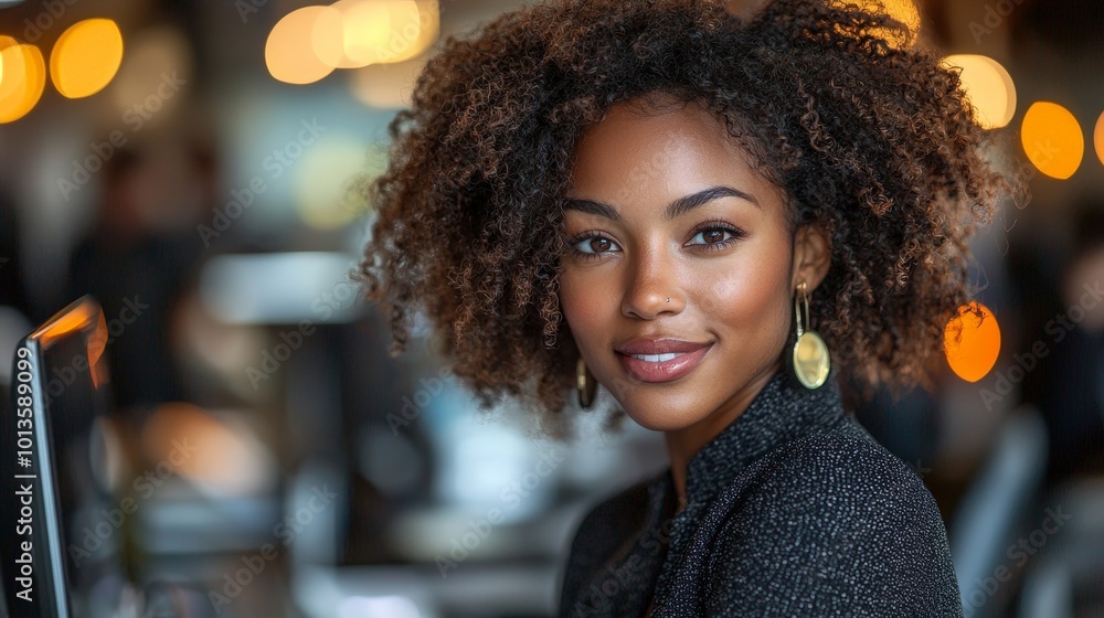 A woman with curly hair smiles warmly in a modern workspace setting. A woman with curly hair smiles warmly in a modern workspace setting.