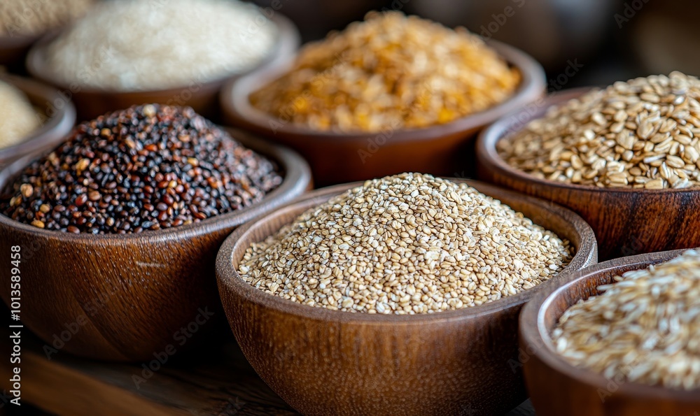 A variety of whole grains including brown rice, quinoa, oats, and barley arranged in bowls, symbolizing a nutritious diet for a healthy lifestyle, Generative AI A variety of whole grains including brown rice, quinoa, oats, and barley arranged in bowls, symbolizing a nutritious diet for a healthy lifestyle, Generative AI
