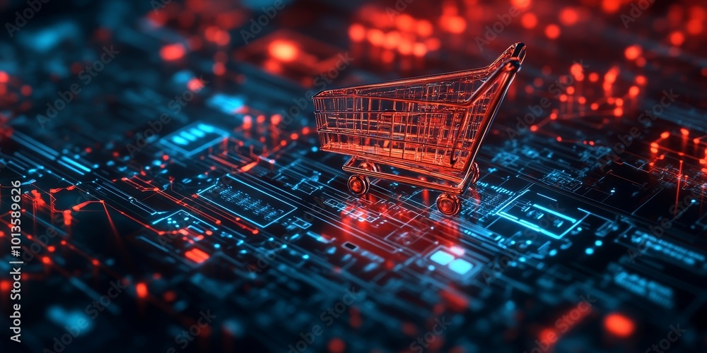 Artificial Intelligence in Retail concept, featuring a high-tech background and a prominent shopping cart symbol, symbolizing the integration of AI in, Generative AI Artificial Intelligence in Retail concept, featuring a high-tech background and a prominent shopping cart symbol, symbolizing the integration of AI in, Generative AI
