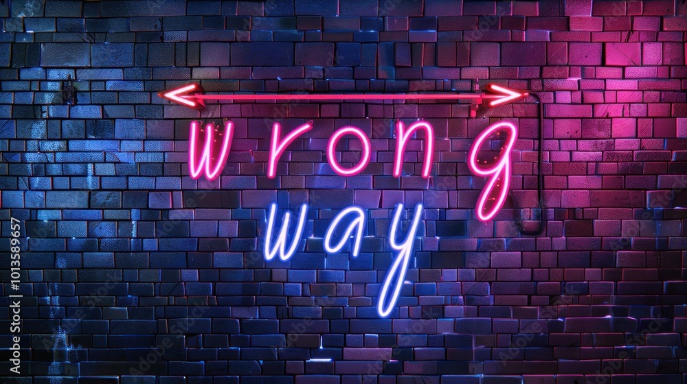 Fototapeta premium Wrong way neon sign with glowing letters on brick wall background AI generated image
