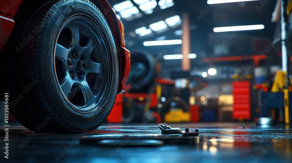 A close-up of a car wheel in a garage, showcasing tools and equipment in the background. A close-up of a car wheel in a garage, showcasing tools and equipment in the background.