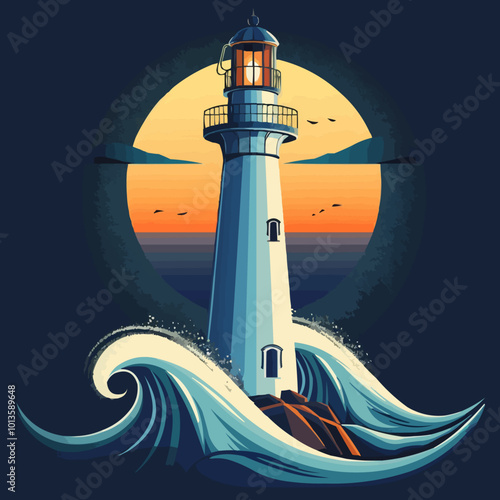 Stylized lighthouse with waves and a beacon light, guiding and steadfast, vector illustration for t-shirt, flat style.