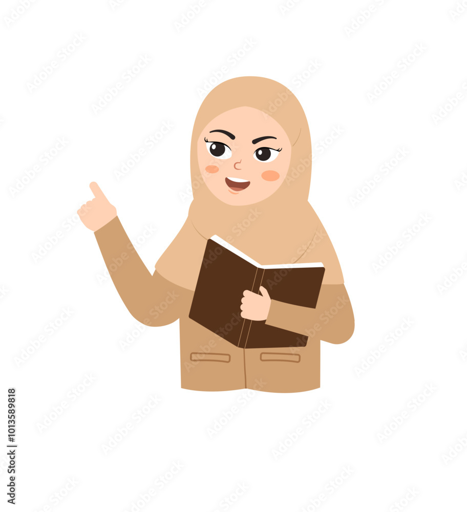 Cartoon illustration of a hijab teacher teaching Cartoon illustration of a hijab teacher teaching