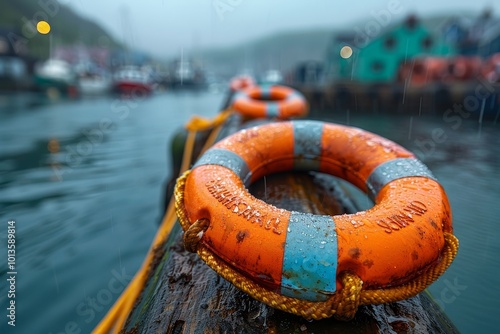 Bright orange lifesaver ring with yellow nylon rope mounted on dock pile for safety at harbor photo