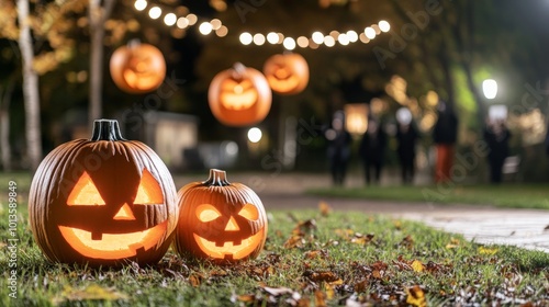 Surrealist Halloween dreamscape floating pumpkins in a dark sky photo