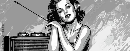 Vintage pin-up old-fashioned radio, vector illustration, pin-up style, imitation of a scratch board, black and white image.