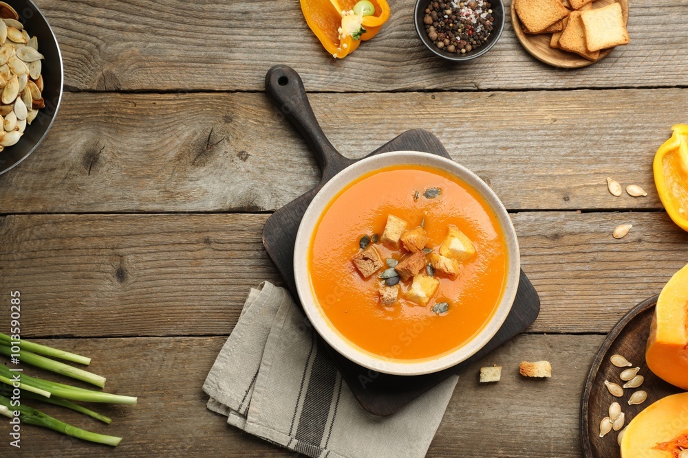 Delicious pumpkin soup served on wooden table, flat lay Delicious pumpkin soup served on wooden table, flat lay