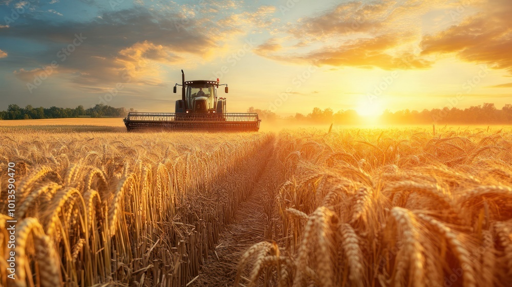 Fototapeta premium A combine harvester working in a golden wheat field at sunset.